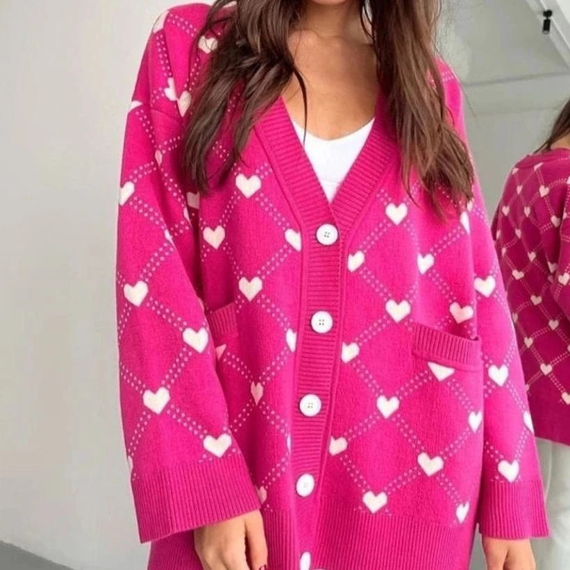 Heart Print Long Sleeve Knitted Button-Up Women's Cardigan Sweater