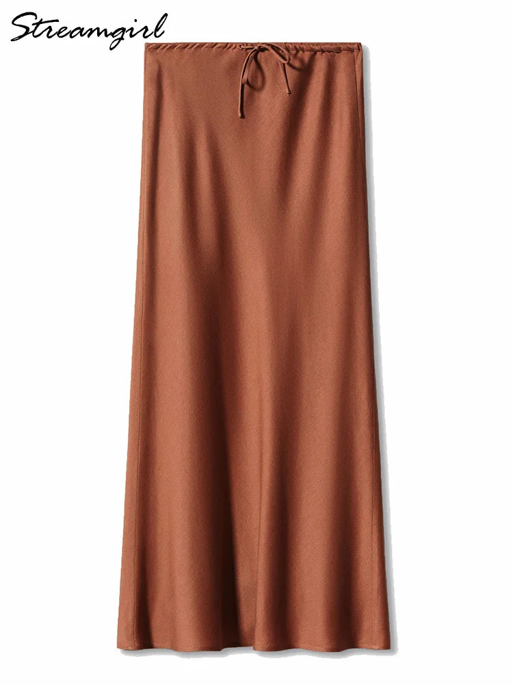 Satin Solid Drawstring A-Line Lace-Up Maxi Skirts