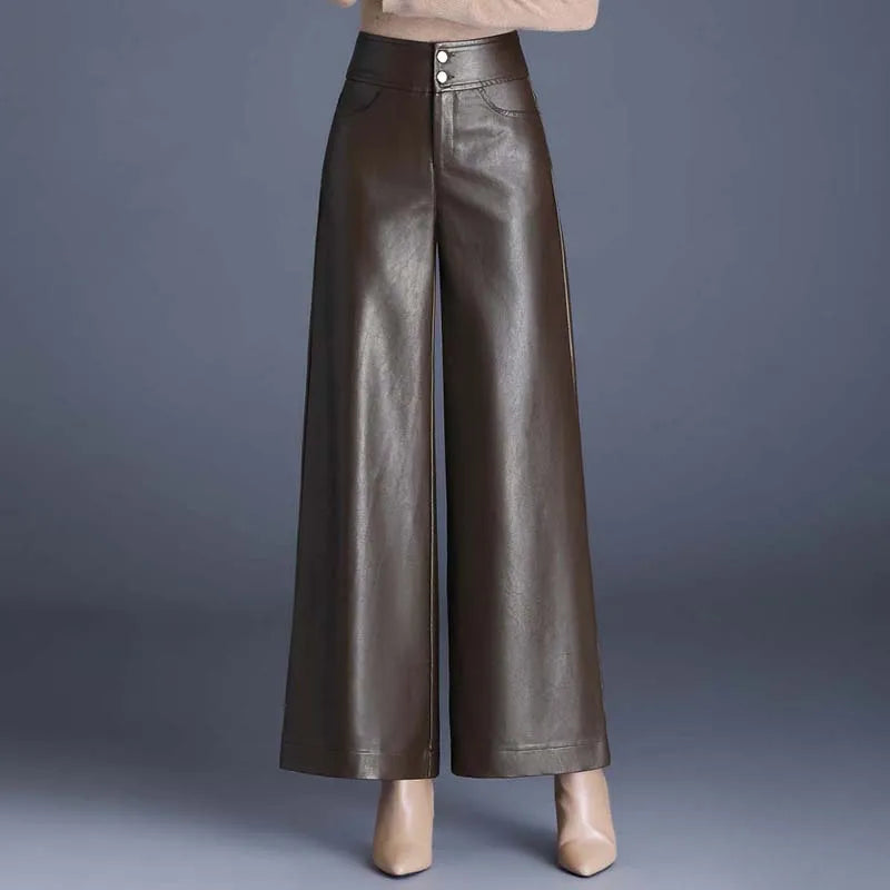 Designer Women's PU Leather Solid Color Wide Leg Pants