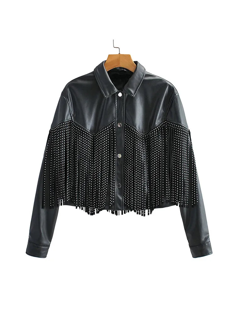 Tassel Rivet Faux Leather Motorcycle Biker Soft PU Leather Jacket