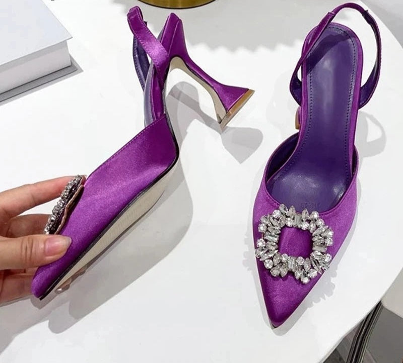 Silk Crystal Pendant Design Low Heel Slingback Mule Pumps