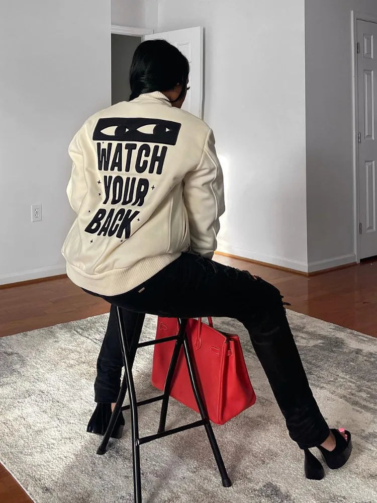 "Protect Your Energy, Watch Your Back" Printed Women's Button Up Baseball Jacket