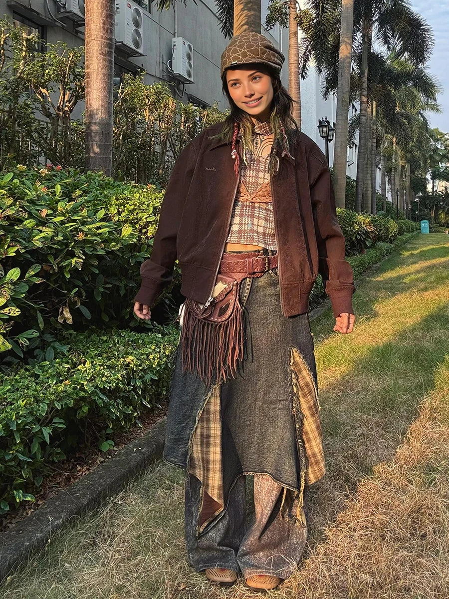 Plaid Retro Denim Blue Ombre Asymmetrical Tartan Stitch Overlay Streetwear Jean Maxi Skirt