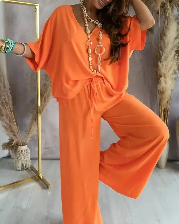 Baroque/Colorblock Striped/Solid Color Women's V-Neck Top + Loose Pants 2-Piece Set