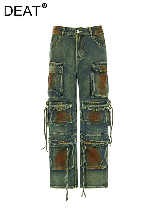 Green Denim Washed Gradient Tie-Dye Retro Ladies Cargo Jeans