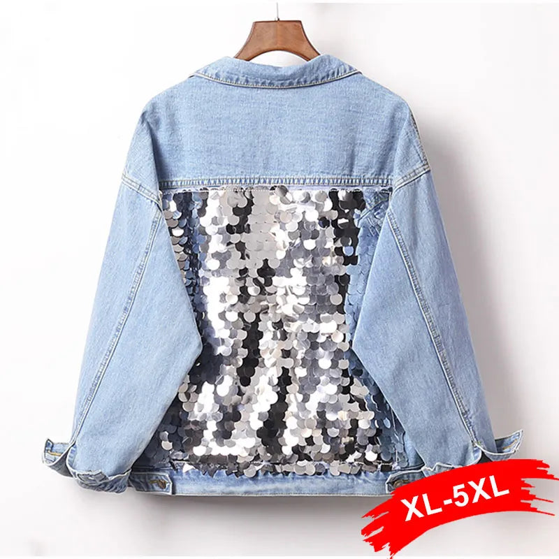 Sequin Embroidered Back Short Denim Women's Light Blue 3/4 Sleeve Jean Jacket to 5X