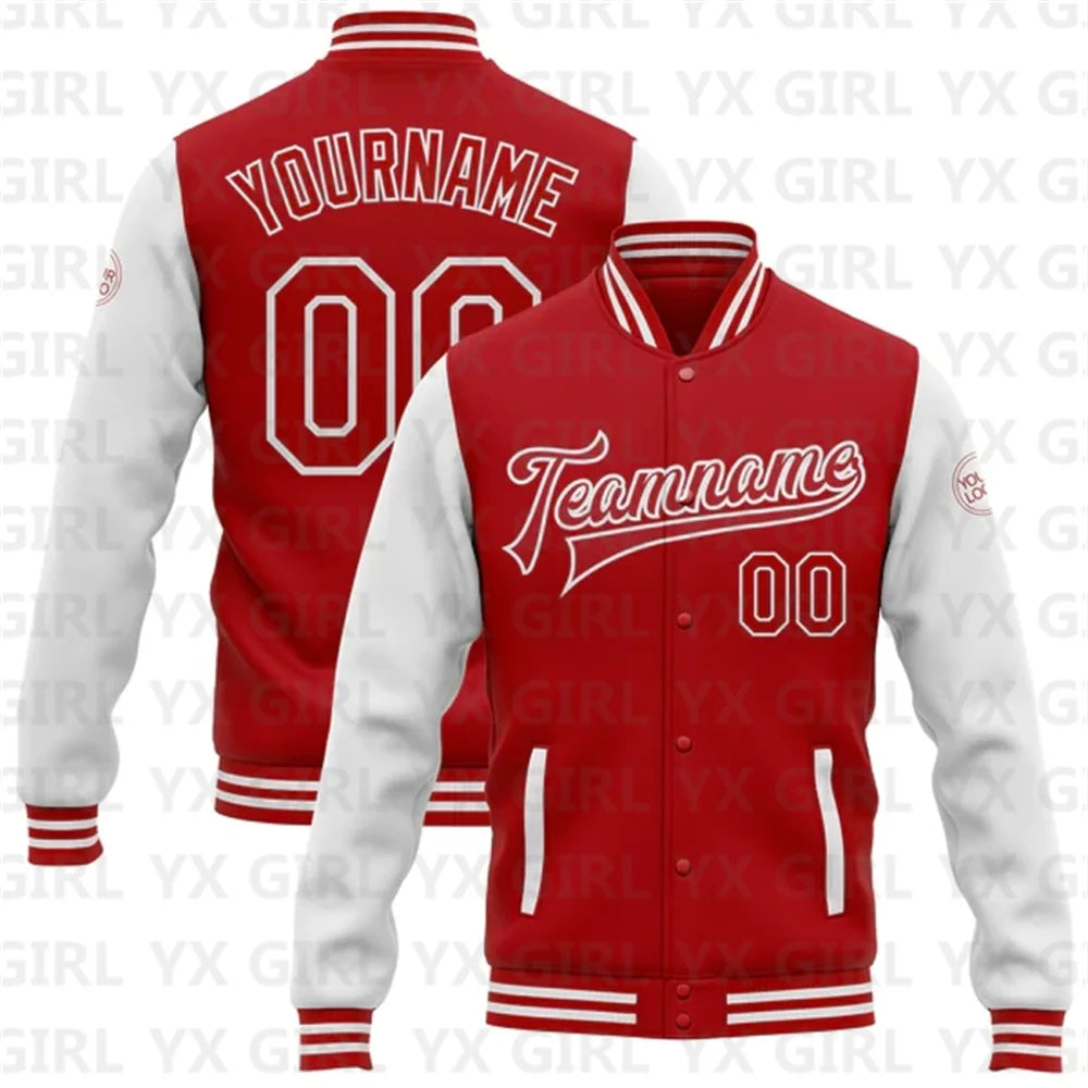 Customized Unisex Red Black-White Personalized Name Letter Print/Team Name 3D Print Full-Snap Varsity Letterman's 2-Tone Baseball Button-Up Bomber Jacket