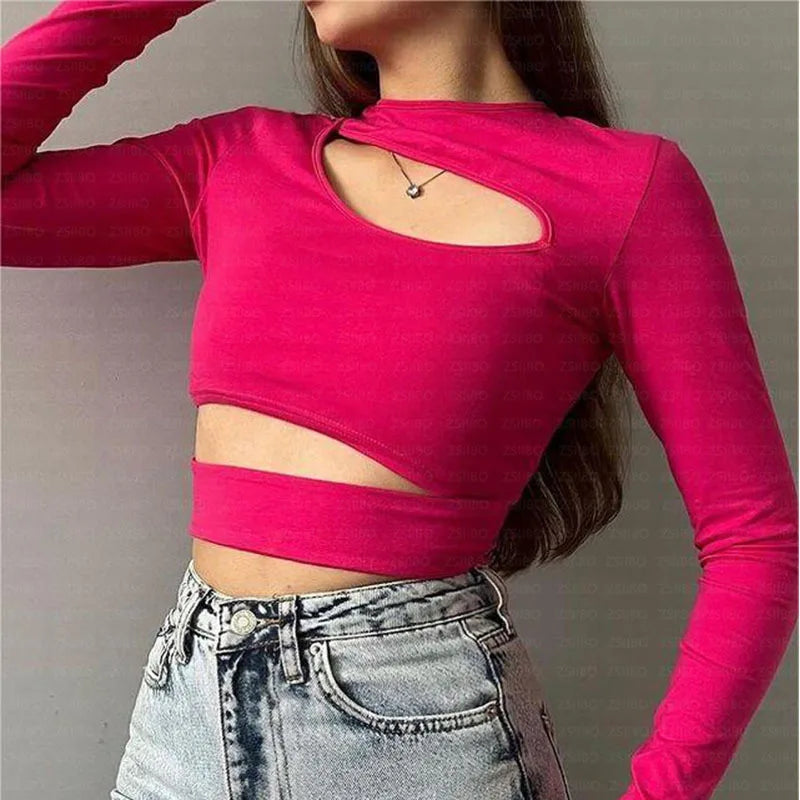Irregular Hollow-Out Layered O-Neck Long Sleeve Women's Crop Top