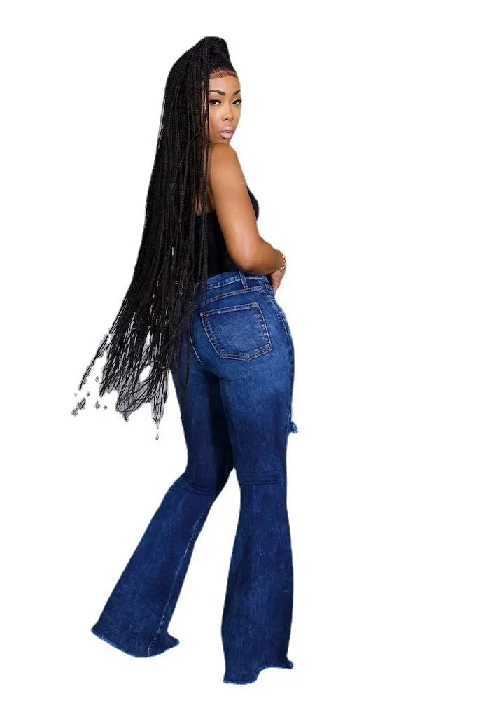 Denim Heart Print Ripped Hollow-Out Hole Design Streetwear Women's Wide Leg Bootcut Jeans