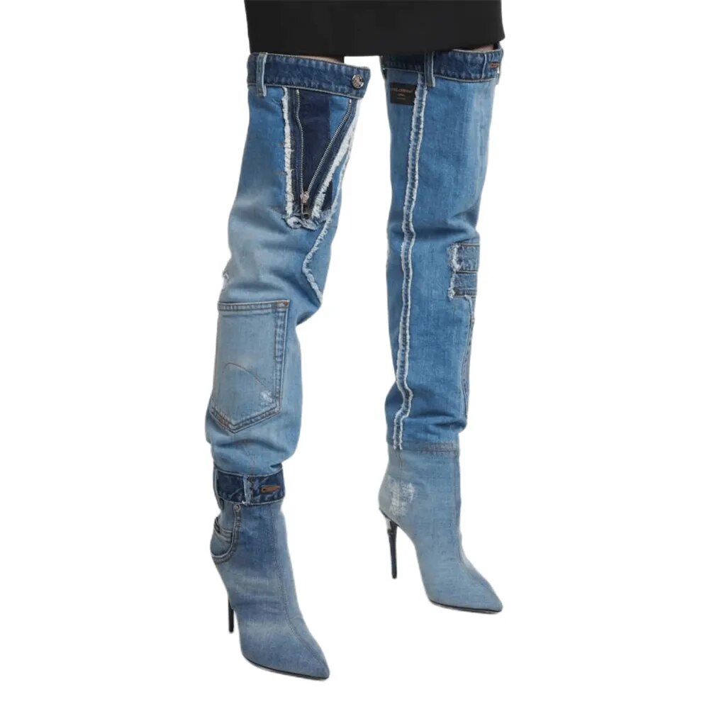 Camoflauge/Denim Over-the-Knee Pocket Pointed Toe Stiletto Boots