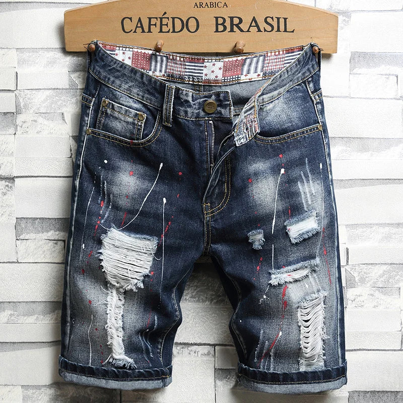 Graffiti Ripped Men's Patchwork Embroidered Back Pocket Faded Jean Shorts