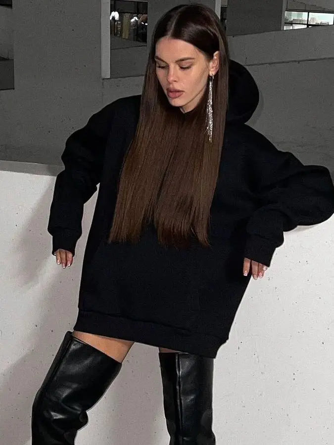 "F#@% OFF" Gothic Women's Black Punk Rhinestone Diamond Chain Tassel Oversized Sweatshirt Hoodie