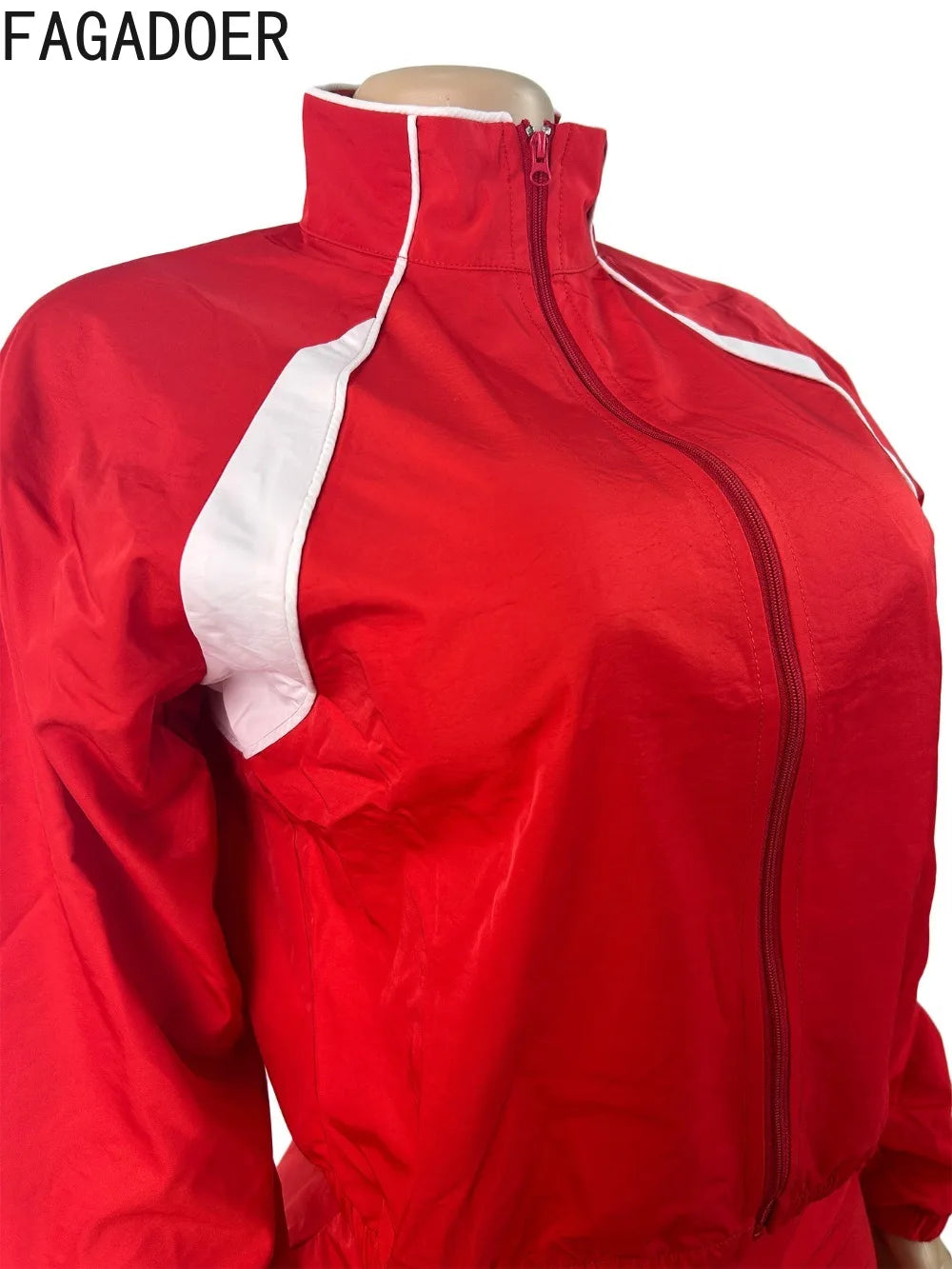 Striped Stand Collar Women's Zipper Fitness Jacket+ Drawstring Ruched Mini Tennis Skirt Solid Color 2-Piece Set