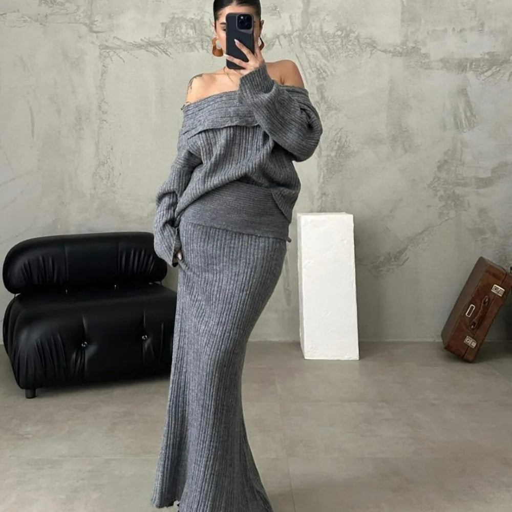 Off-the-Shoulder Women's Sweater + Solid Knitted Maxi Skirt Two-Piece Sweater Set