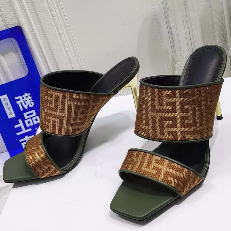 Real Leather Monogram Replica Square Head Metal Heel Roman Sandals