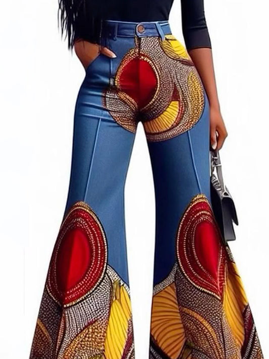 Geometric Pattern Wide Leg High Waist Vintage Streetwear Flare Trouser Jeans