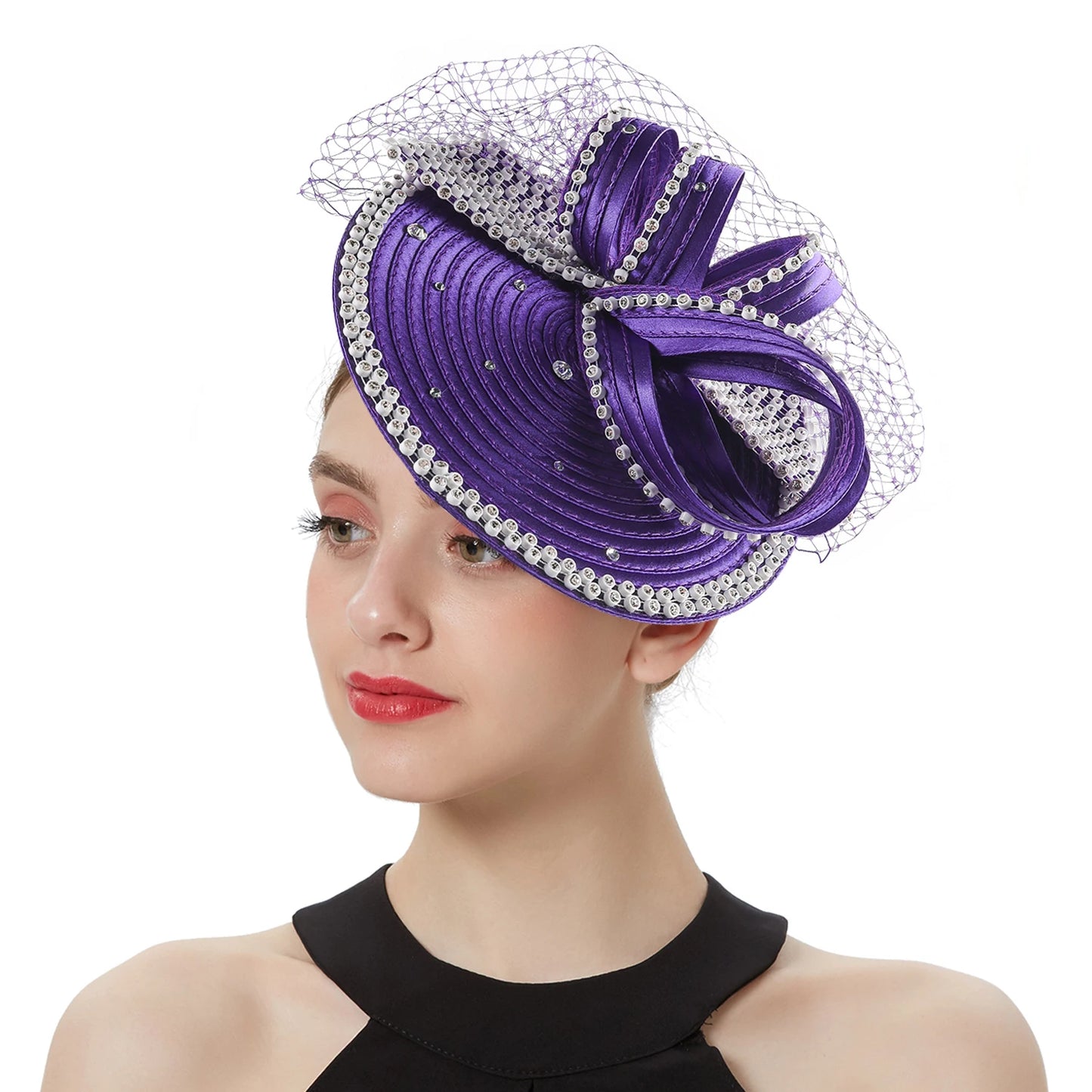 Satin Rhinestone Big Bow Detail Slanted Women's Church/Bridal/Derby Fedora Hat