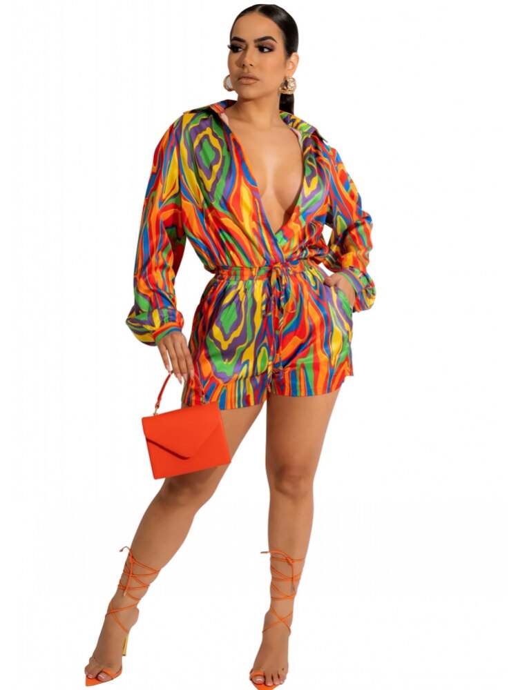 Rainbow Multicolored Long Sleeve Shorts Romper