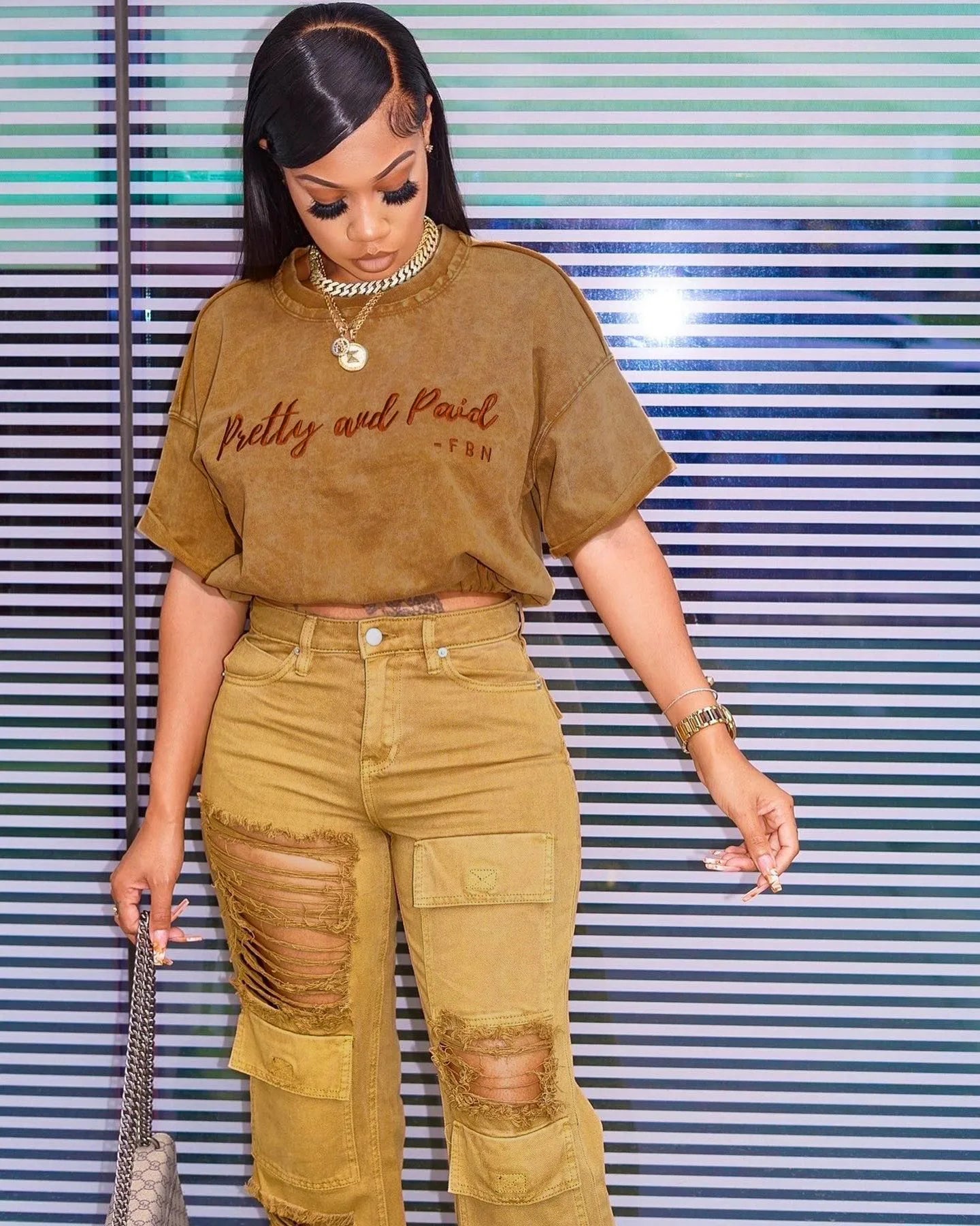 "Pretty & Paid" Ladies Short Sleeve Letter Embroidered T-Shirt + Cargo Denim Pants Two Piece Set