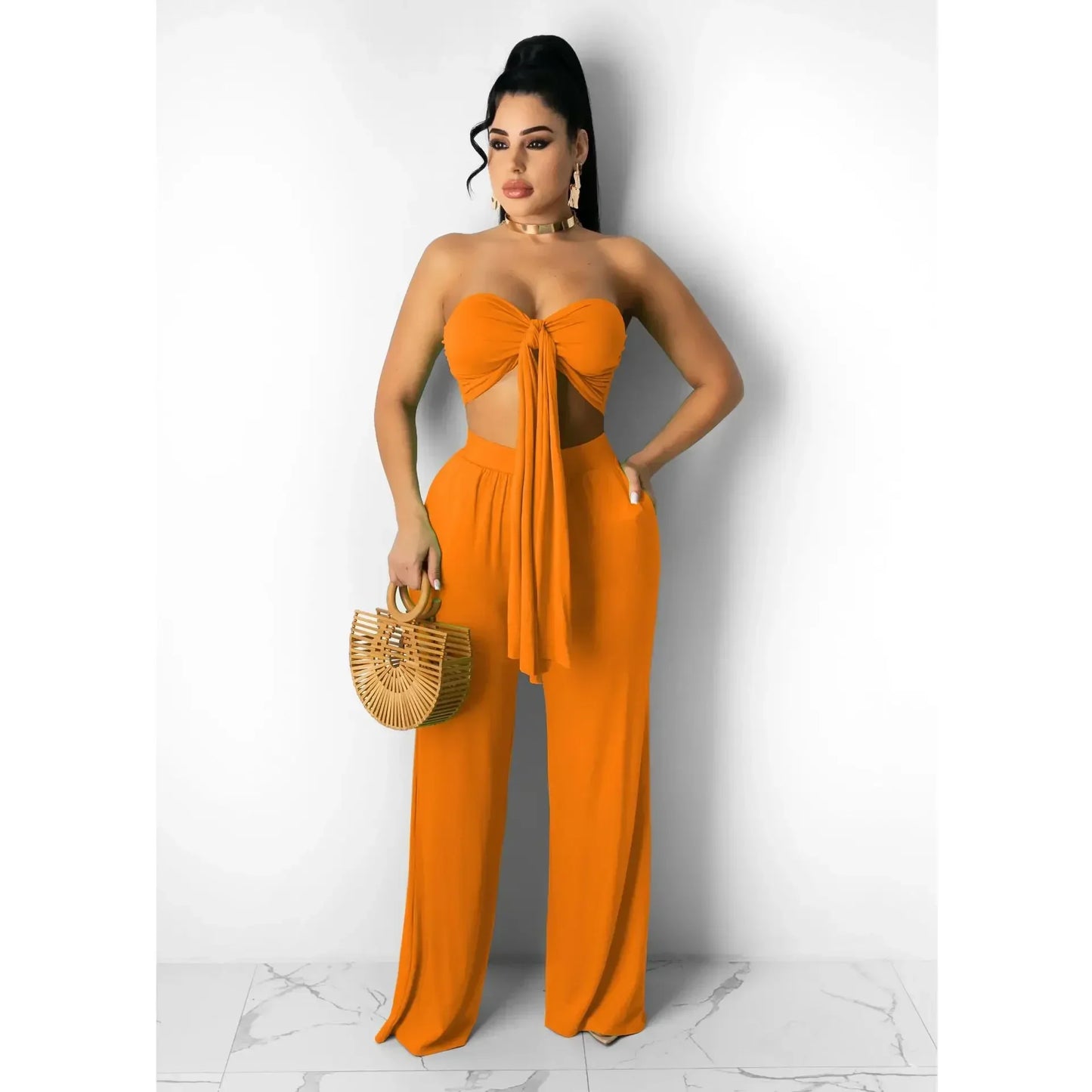 Strapless Hollow-Out  Hatler Neck Crop Top + Leggings Bodycon Solid Color Women's 2-Piece Set