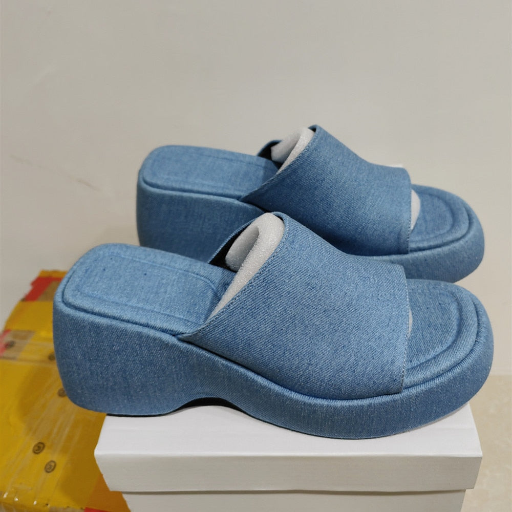 Denim Wedge Platform Open Toe Fashion Sandals