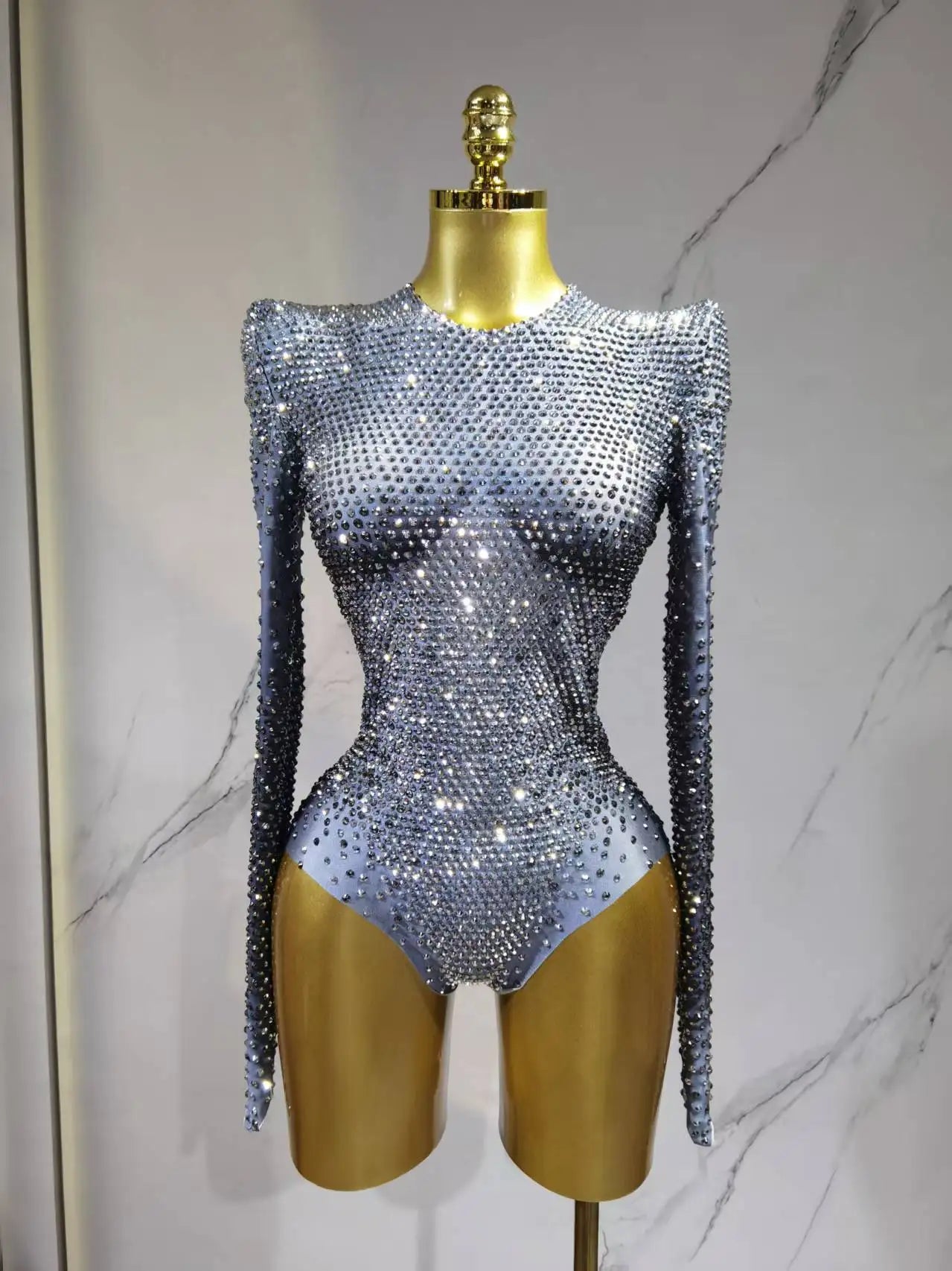 Sparkling Rhinestone Hollow-Out Long Sleeve Stage Formal Stage Performance Skin Tight Bodysuit