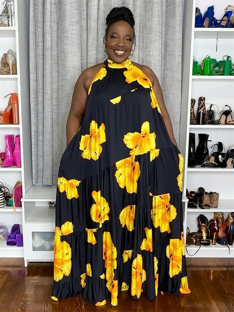 Ruffled Loose Oversized Colorblock Striped/Plaid/Flower Print Sleeveless O-Neck Bandage Maxi Dress to 5X Plus Size