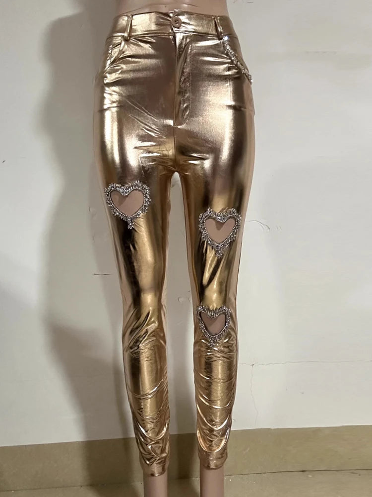 Rhinestone Metallic PU Leather Heart Cut-Out Design High Waist Women's Bodycon Pants