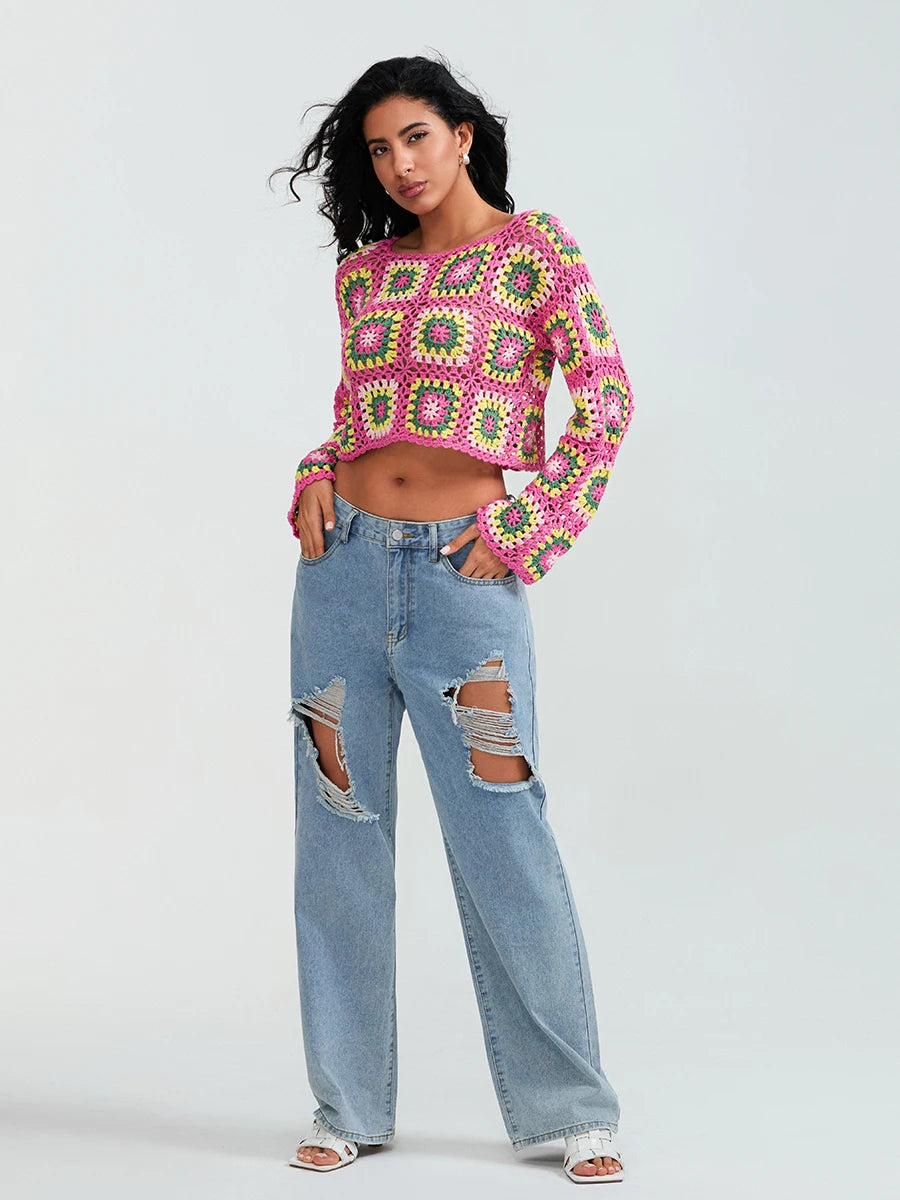 Crochet Square Floral Print Knitted Women’s Long Sleeve O-Neck Cropped Sweater