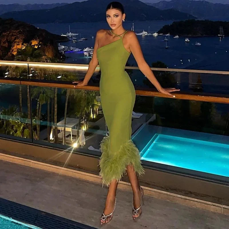 Asymmetrical One Shoulder Triangular Faux Feather Hem Sleeveless Solid Color Party Formal Dress