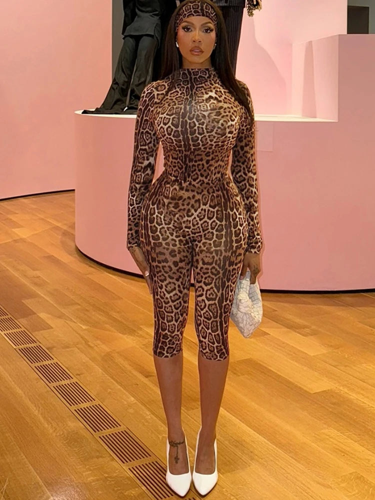 Leopard Print 1/2 Turtleneck Long Sleeve Women's Shirt + Elastic Waist Capri Pants + Matching Headband 3-Piece Set