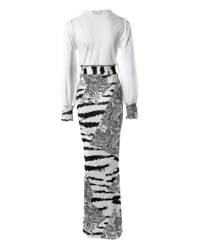 Tie-Dye/Zebra Deep V-Neck Long Sleeve Dress