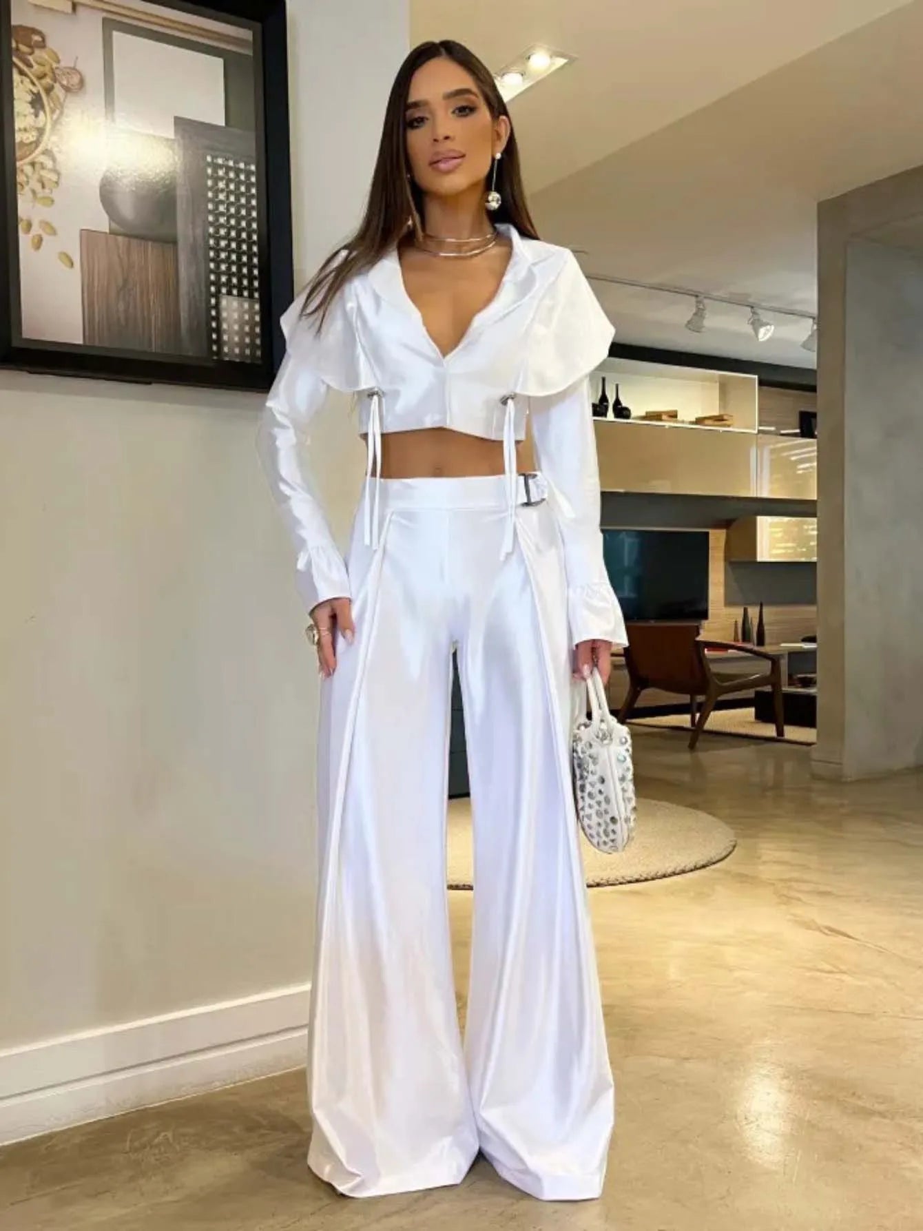 Flower Embroidered Backless High Street Cropped Backless Blazer + Wide Leg Pants Women's Suit or Hollow-Out Short Sleeve or Sleeveless Floral/Solid Jumpsuits