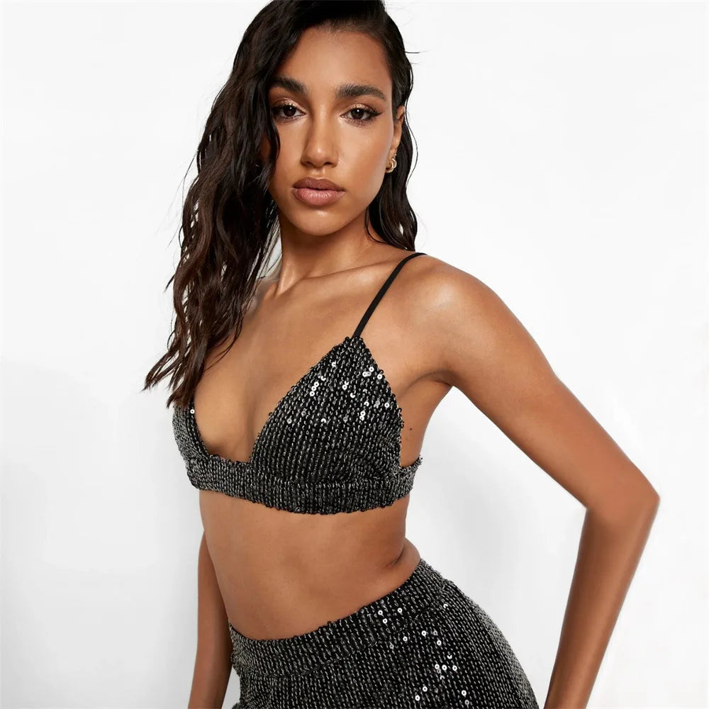 Sequin Glitter Women's Turn-Down Collar Blouse, Crop Bra + Pants 3-Piece Set