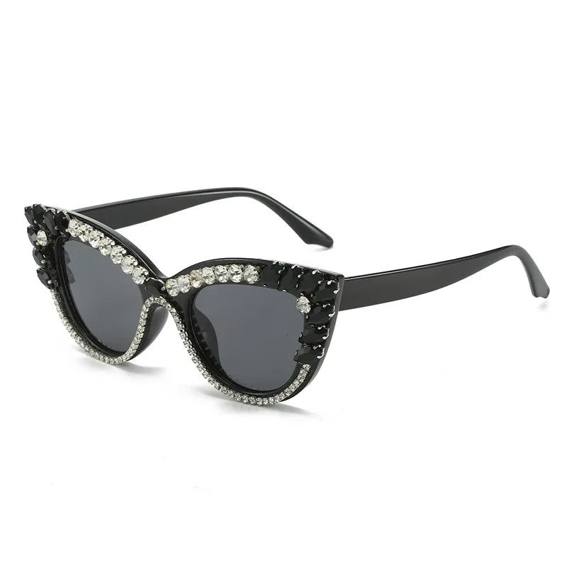 Cat-Eye Embellished Rhinestone Diamond Crystal Baguette Oversized Women's Sunglasses