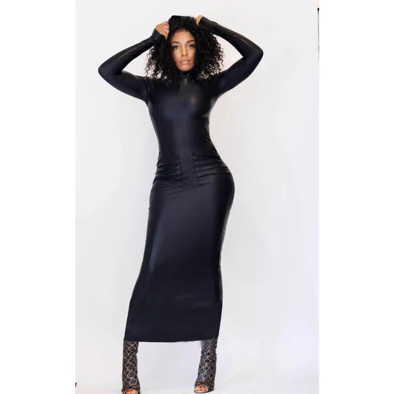 Hooded Camouflage/Solid/Metallic Printed Long Sleeve Bodycon Maxi Dress