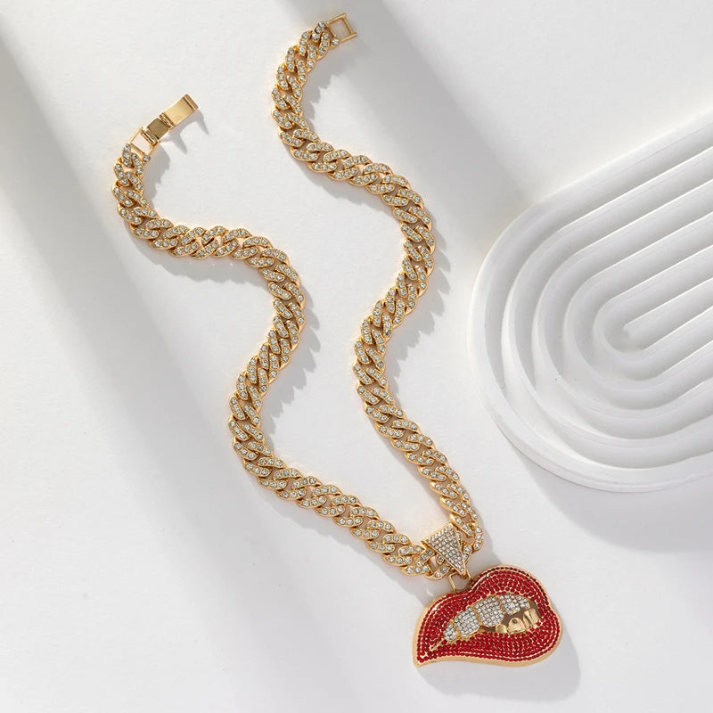 Red Bite Lip Pendant Crystal Iced Out Hip-Hop Cuban Link Chain Necklace