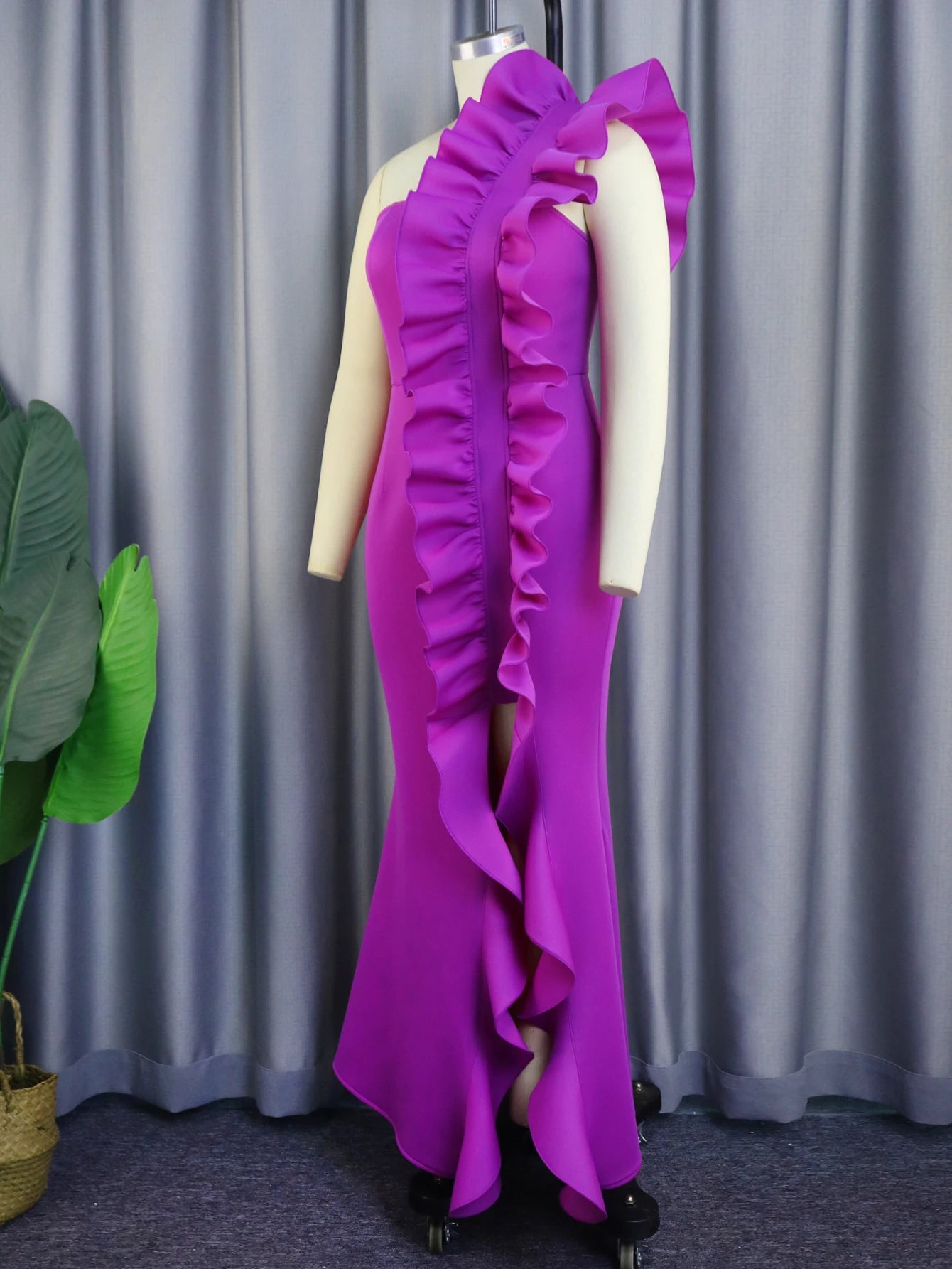 Purple Formal One Shoulder Backless Ruffled Bodycon Fishtail Maxi Formal Dress to 4X