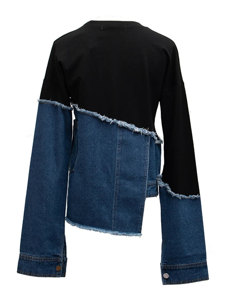 Denim Patchwork Colorblock Round Neck Long Sleeve Ladies Sweatshirt