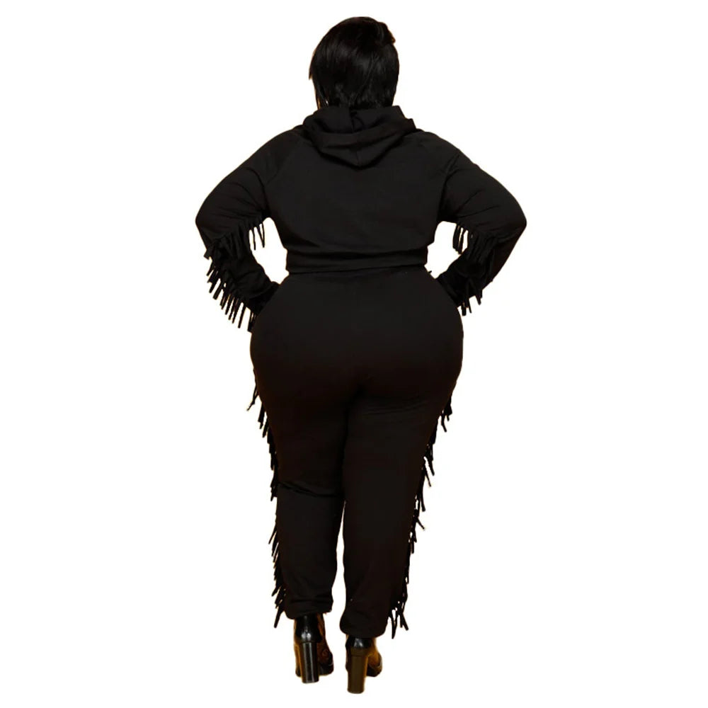 Solid Tassel Detail Long Sleeve Women's Hoodie Sweatshirt + Fringe Sweatpants Plus Size Tracksuit to 5X