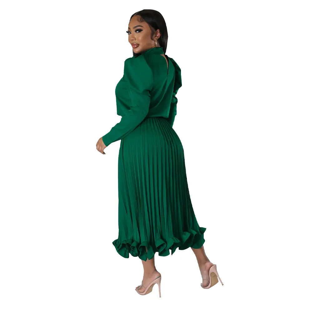 Women’s Solid Color O-Neck Lantern Sleeve Blouse + A-Line Flounce Formal Pleated Maxi Skirt w/ Sash Belt 2-Piece Set