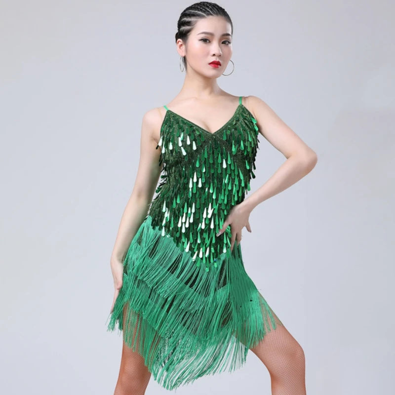 Sparkling Sequined Tassel Fringe Detail Salsa Samba Rumba Tango Latin Dance Flapper Dress