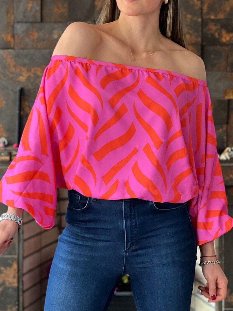 Lantern Sleeve Off Shoulder Printed Blouse to 3X