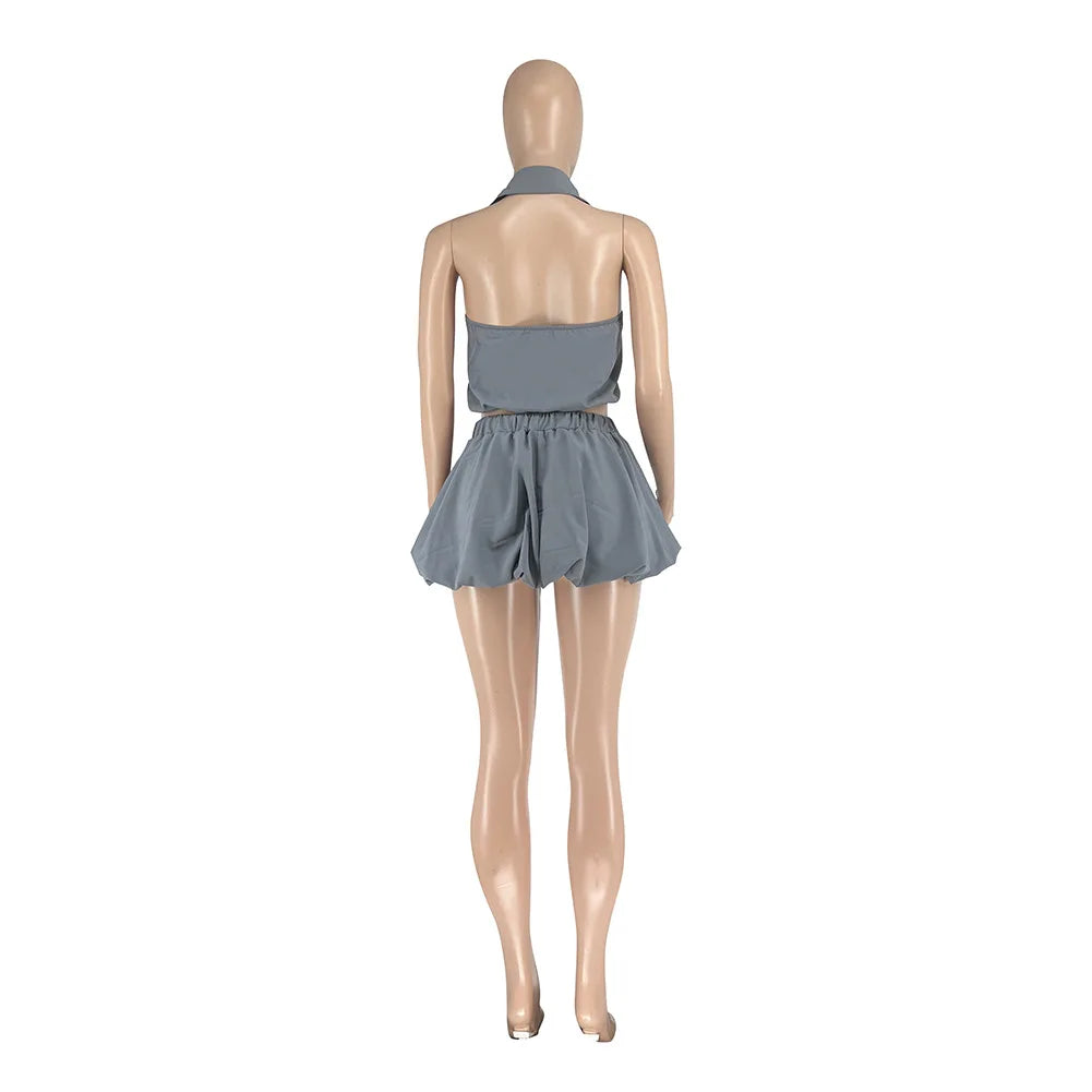 Sleeveless Cargo Pocketed Zipper Crop Top + Ruffled Pleated Elastic Waist Mini Tennis Skirt Women's 2-Piece Set