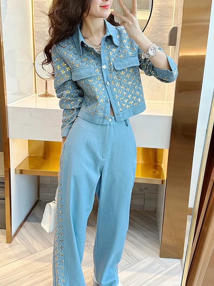 Sequin Women's Vintage Frayed Denim Jacket + Patchwork Wide Leg Jeans 2-Piece Set to 3X  Plus Size