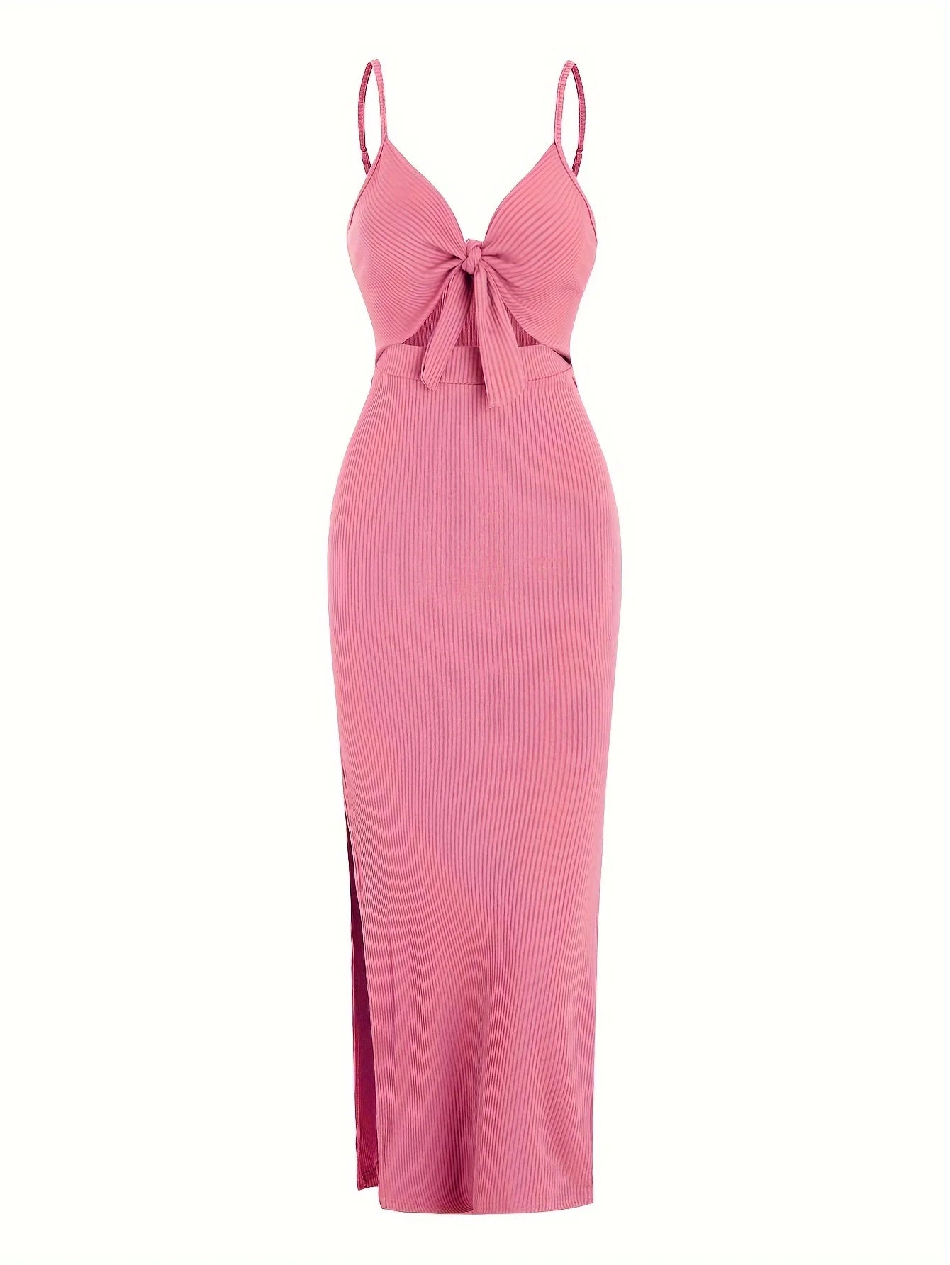 Ribbed Bowknot Design Spaghetti Strap V-Neck Knitted Sleeveless Solid Color High Slit Maxi Dress