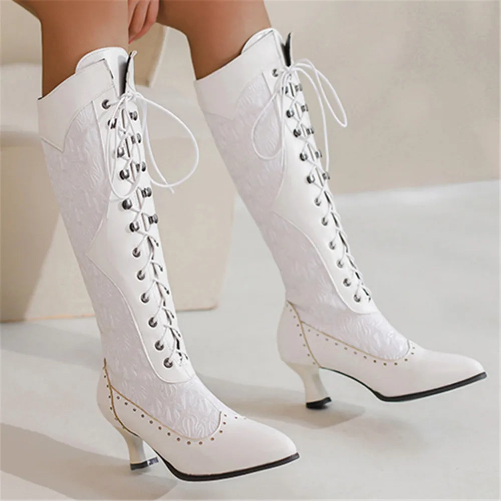 Lace Tie-Up Victorian Pointed Toe Mid-Calf Steampunk Boots