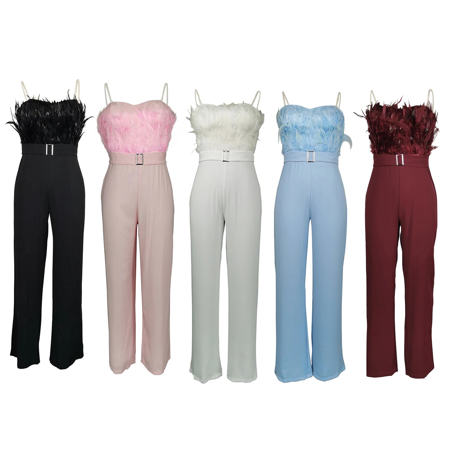 Feather Detail Sleeveless Off Shoulder Plush Patchwork Belt Jumpsuit