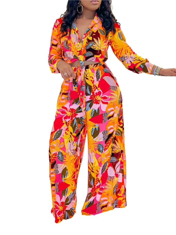 Tropical Pastel Flower Print Long Sleeve Blouse + Wide Leg Women's Trouser Pants 2-Piece Set