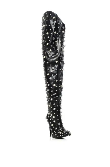 Pearl Embellished Pointed Toe Over-the-Knee Thigh High Boots